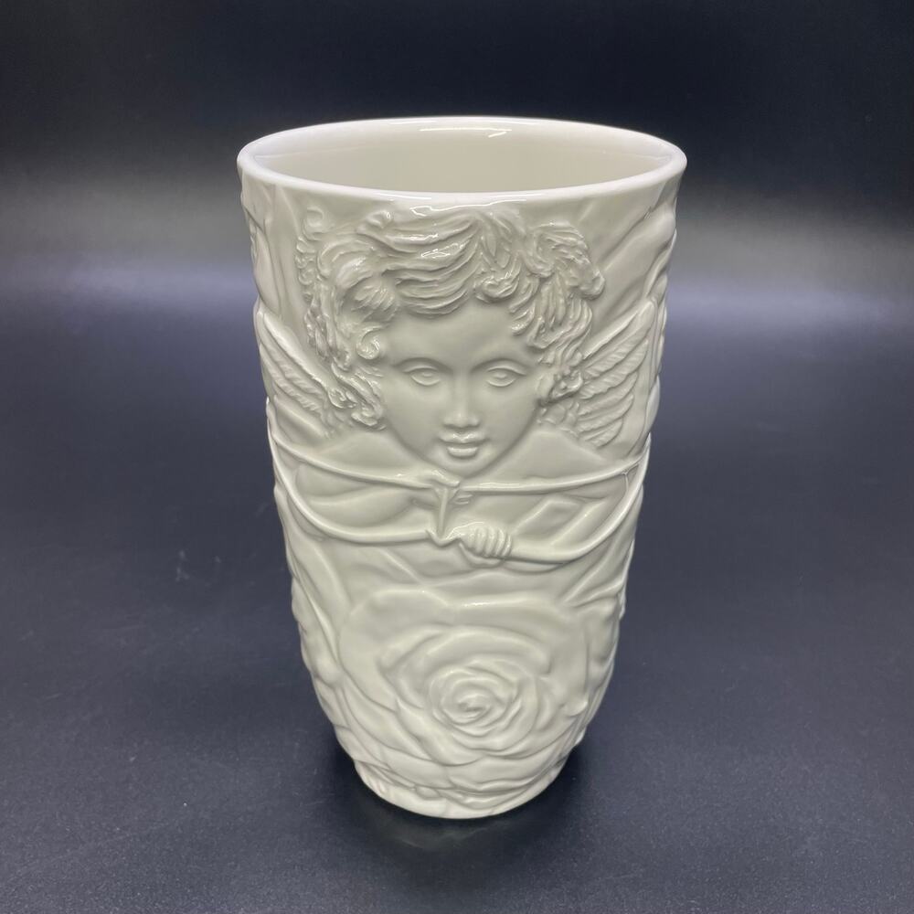 Vtg Italian Cherub White Vase 3D Roses Art Pottery Neoclassical Italy 7778/21